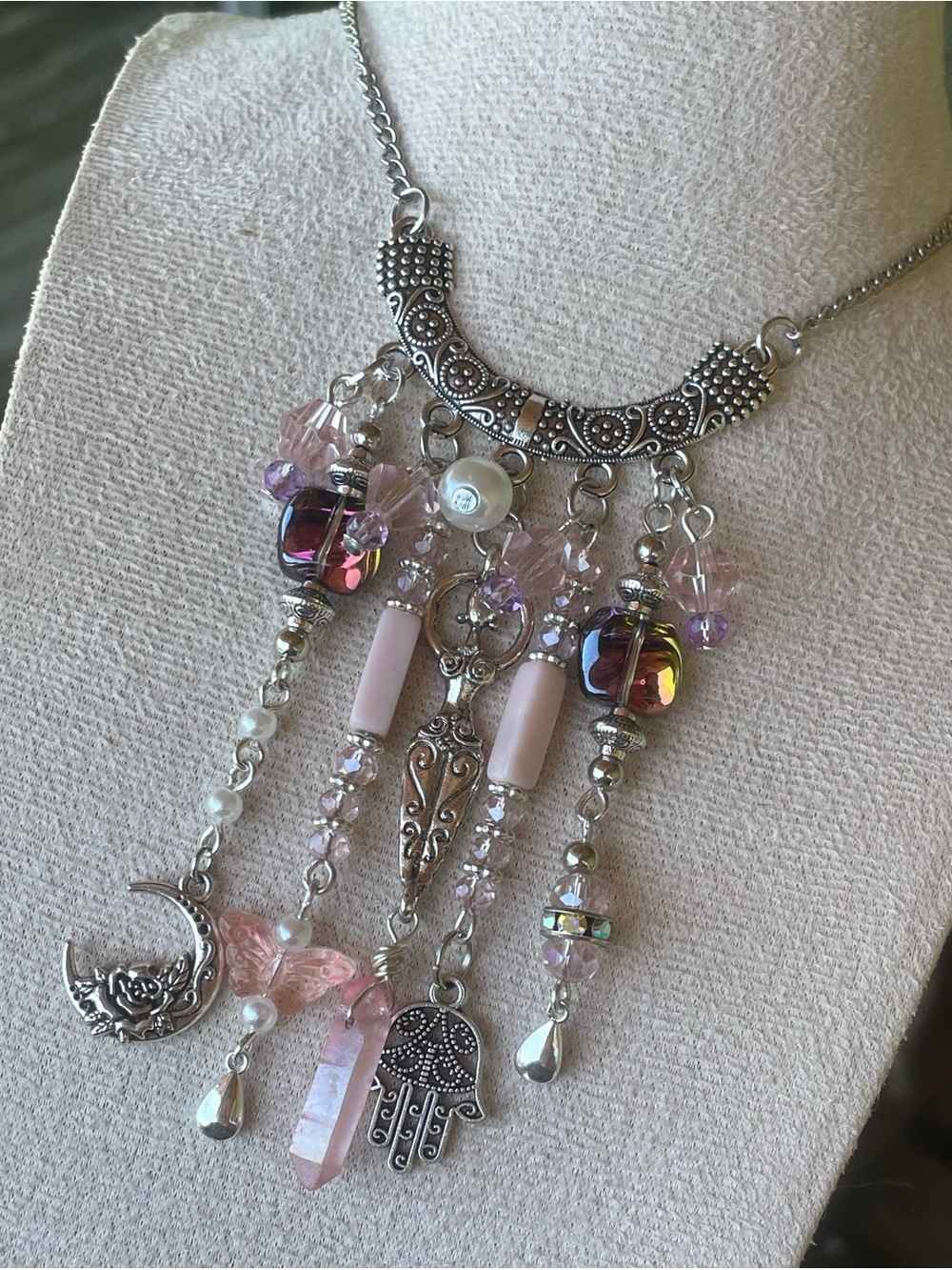 Hand Crafted Pink and Purple Goddess Charm Necklace